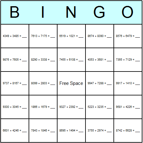 Addition Tough Bingo Cards 6.01