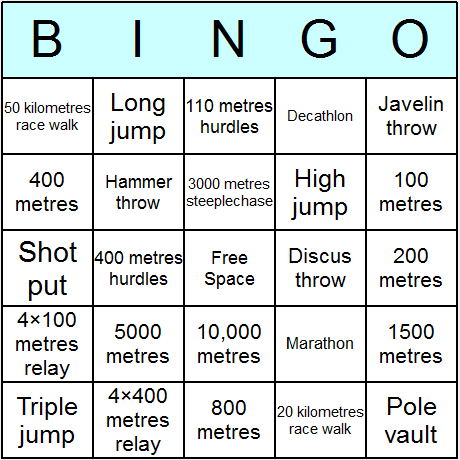 Athletic Events Bingo Cards 6.01