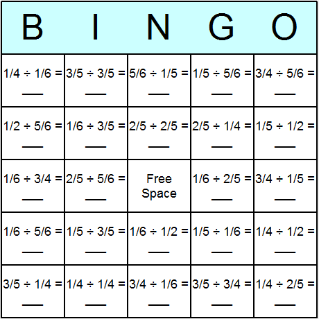 Fractions Division Bingo Card