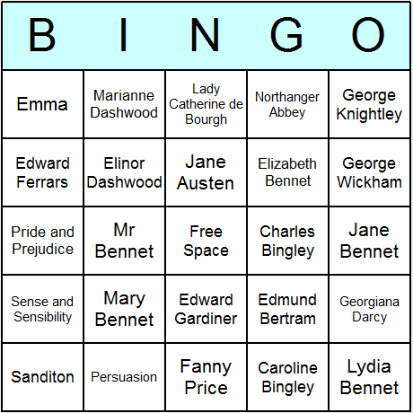 Jane Austen Bingo Card