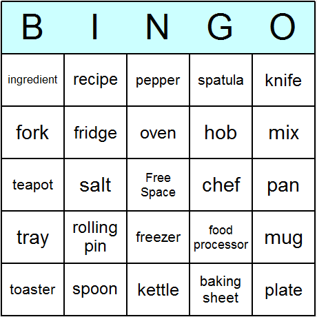 Kitchen Items Bingo Cards 6.01