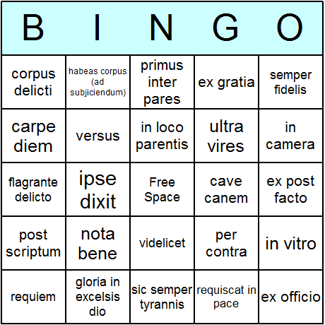 Latin Words  and  Phrases Bingo Cards 6.01