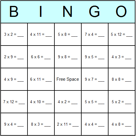 Multiplication Easy Bingo Card
