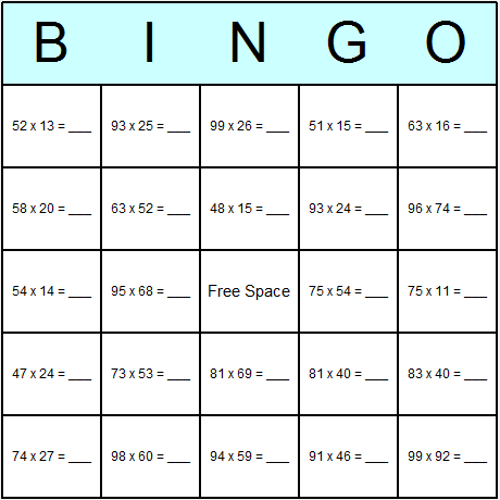 Multiplication Toughest Bingo Card