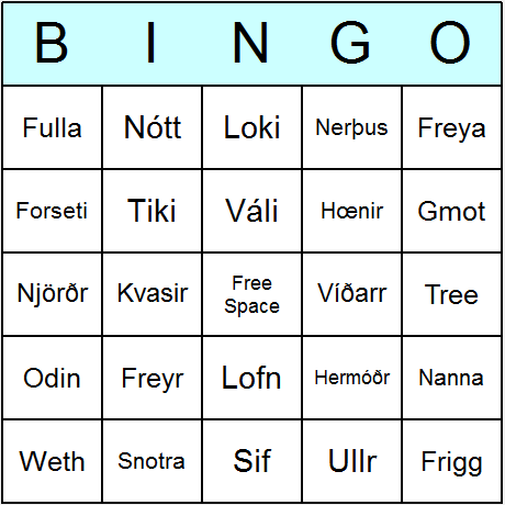 Norse Gods  and  Goddesses Bingo Cards 6.01