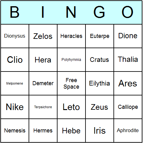 Olympians  and  Greek Gods Bingo Cards 6.01