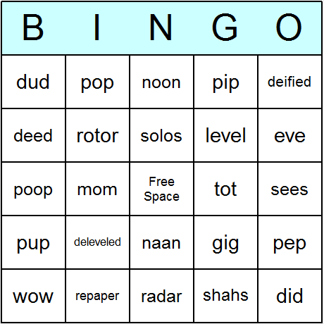 Palindromes Bingo Cards 6.01