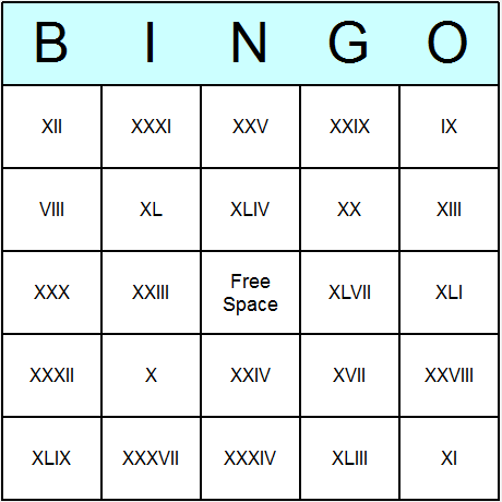 Roman Numerals 1 to 49 Bingo Cards 6.01