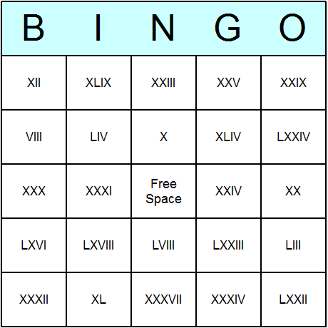 Roman Numerals 1 to 75 Bingo Cards 6.01