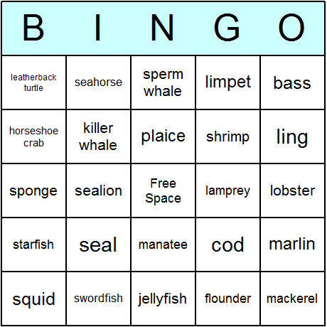 Sea Life Bingo Cards 6.01