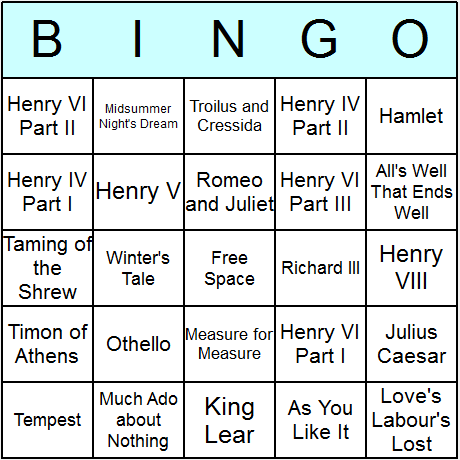 Shakespeare's Plays Bingo Cards 6.01