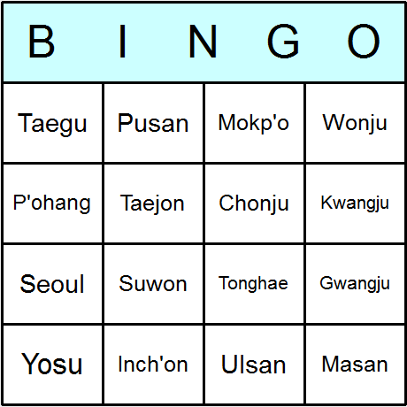 South Korean Towns  and  Cities Bingo Ca 6.01