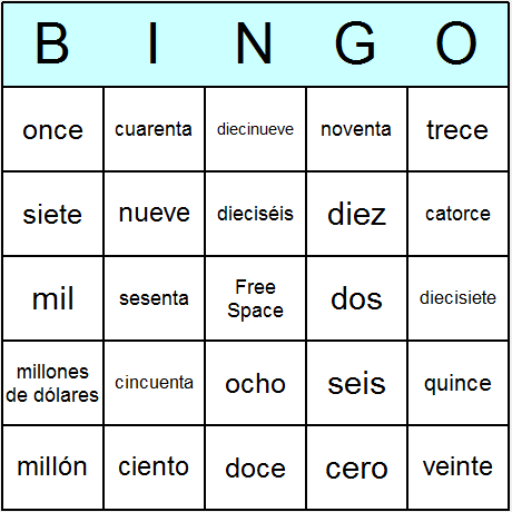 Spanish Numbers Bingo Cards 6.01
