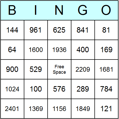 Squares of 1 to 50 Bingo Cards 6.01