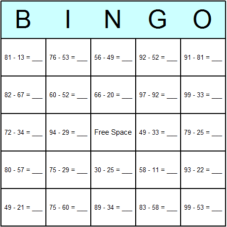 Subtraction Easy Bingo Cards 6.01