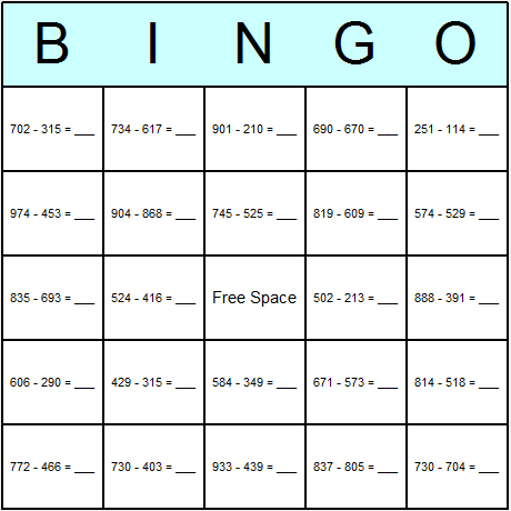 Subtraction Medium Bingo Cards 6.01