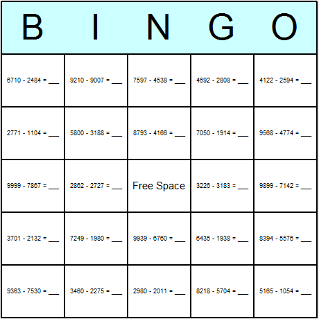 Subtraction Tough Bingo Cards 6.01