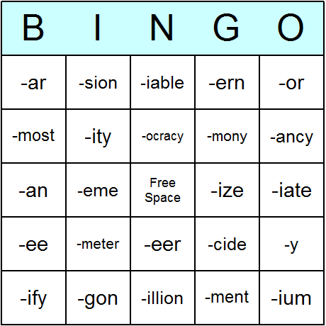 Suffixes Bingo Cards 6.01