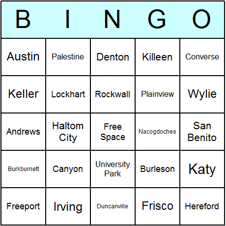 Texas Towns  and  Cities Bingo Cards 6.01