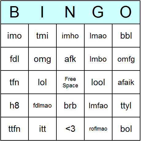Texting Shorthand Bingo Cards 6.01