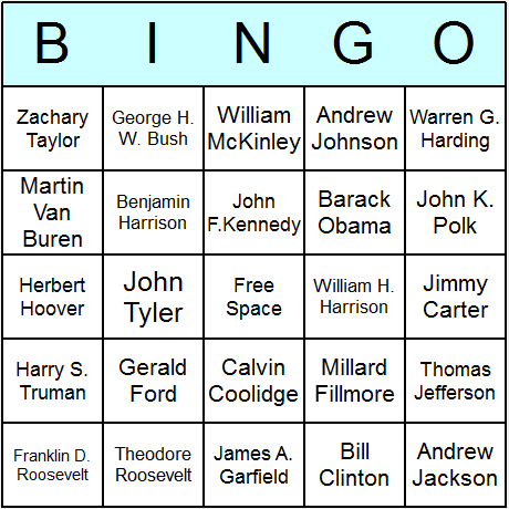 US Presidents Bingo Cards 6.01