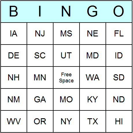 US States' Abbreviations Bingo Cards 6.01