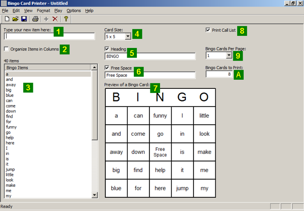 Main screen of Bingo Card Printer