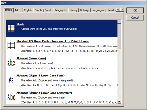 Creating a new Bingo Card project in Bingo Card Printer